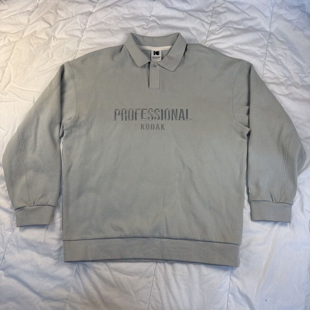 Kodak Light Grey 2 Button Collared Crewneck Sz L Waffle Pullover Embroidered
